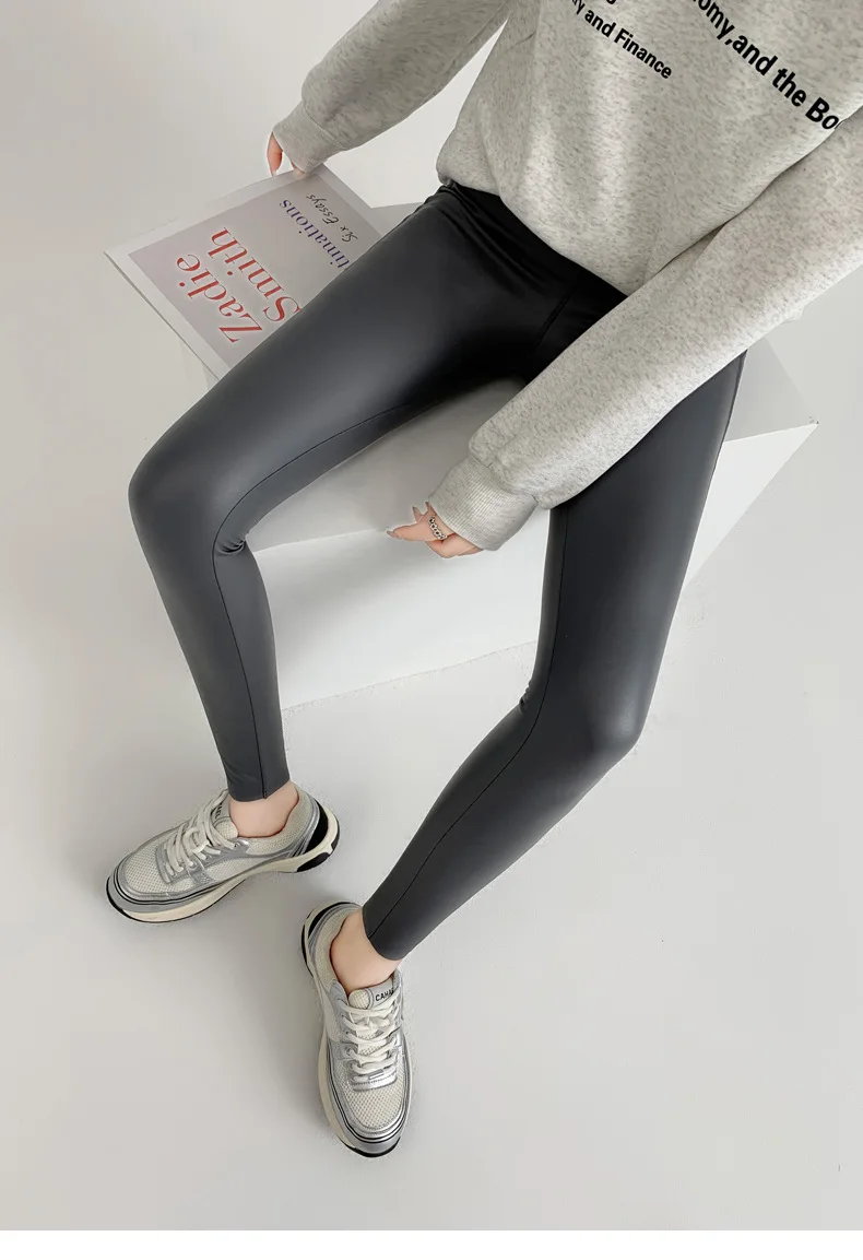 BIVIGAOS Fall New Tight Stretch Leather Pants Women Sharkskin High Waist Splicing PU Leather Fleece Sexy Leggings Winter Warm