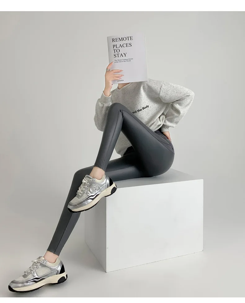 BIVIGAOS Fall New Tight Stretch Leather Pants Women Sharkskin High Waist Splicing PU Leather Fleece Sexy Leggings Winter Warm