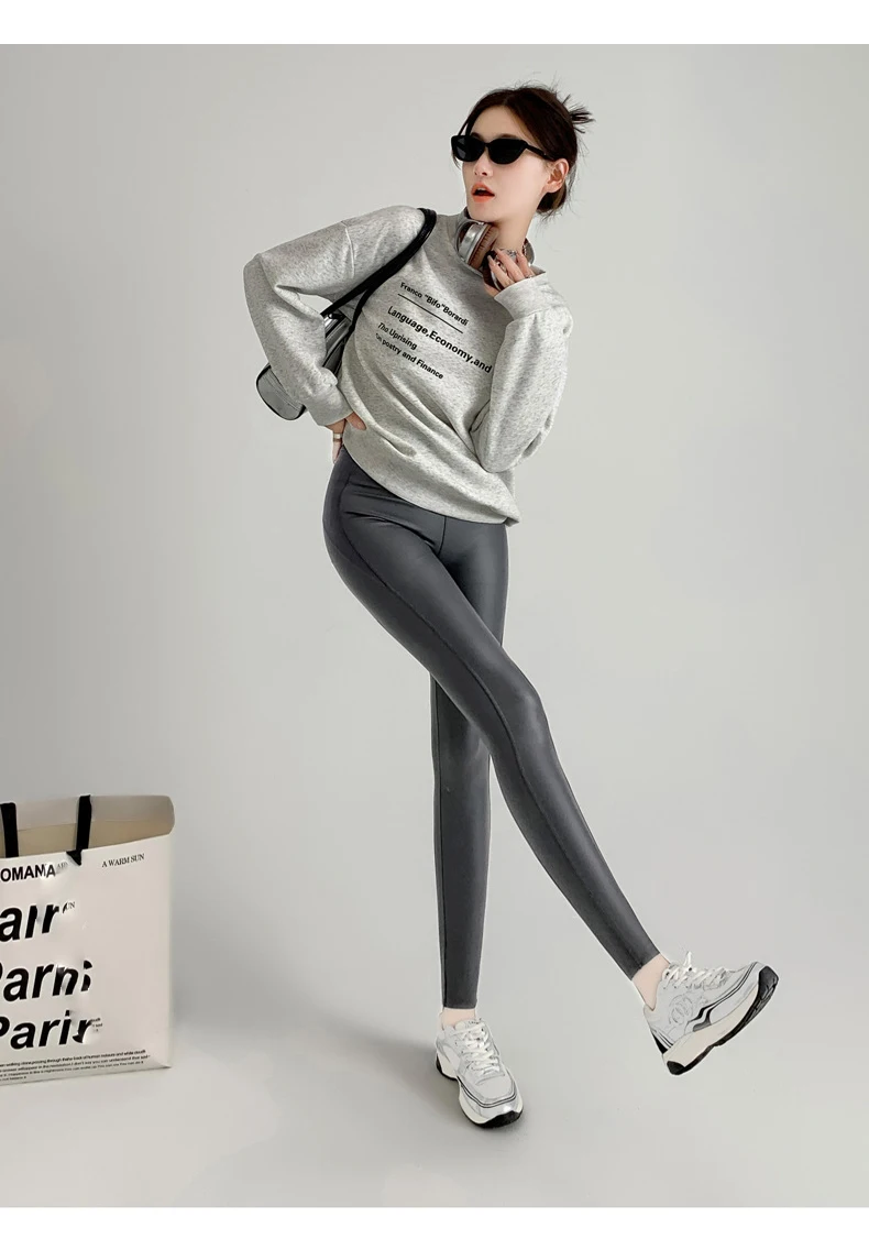 BIVIGAOS Fall New Tight Stretch Leather Pants Women Sharkskin High Waist Splicing PU Leather Fleece Sexy Leggings Winter Warm