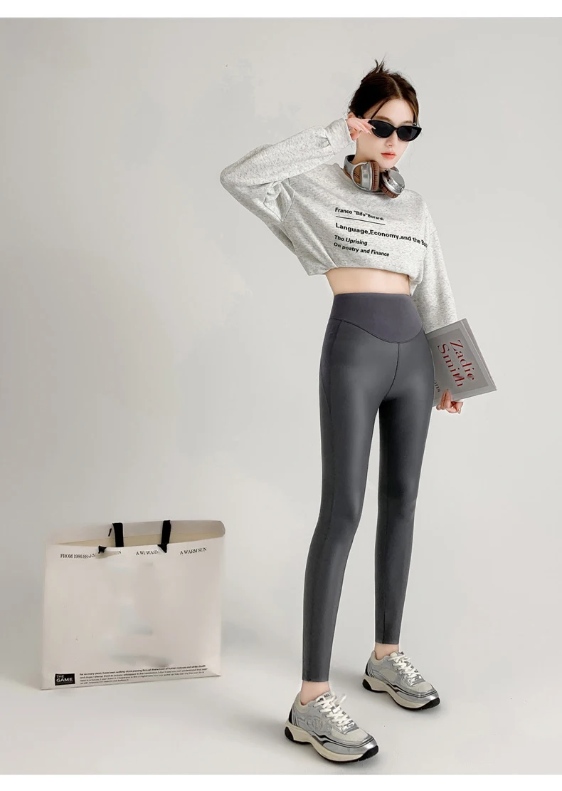 BIVIGAOS Fall New Tight Stretch Leather Pants Women Sharkskin High Waist Splicing PU Leather Fleece Sexy Leggings Winter Warm