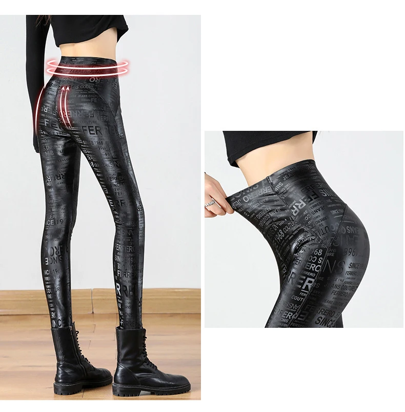BIVIGAOS Letter Graffiti Leather Leggings Women Autumn Winter Slim Fleece Warm Leggings Gothic Motorcycle Leather Pencil Pants