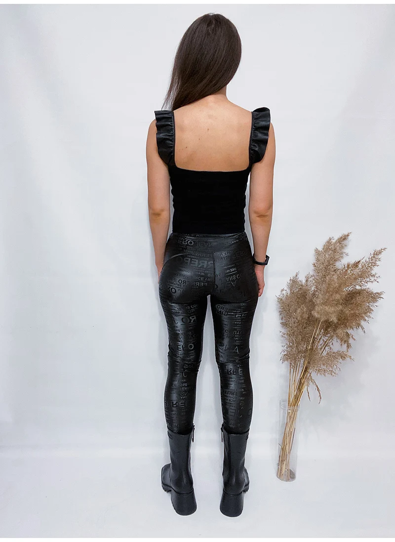 BIVIGAOS Letter Graffiti Leather Leggings Women Autumn Winter Slim Fleece Warm Leggings Gothic Motorcycle Leather Pencil Pants