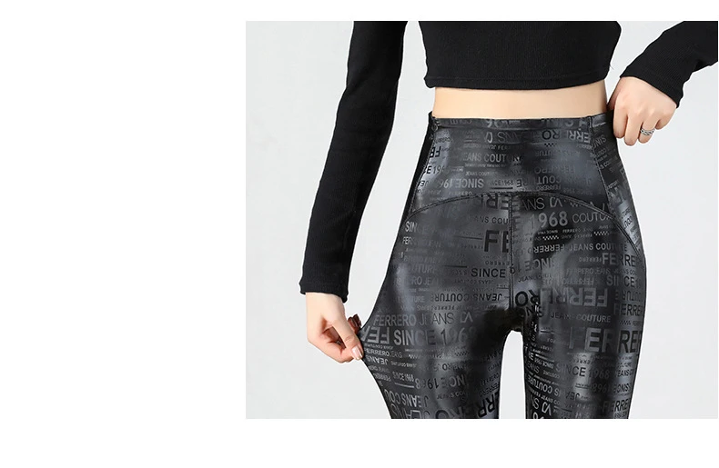 BIVIGAOS Letter Graffiti Leather Leggings Women Autumn Winter Slim Fleece Warm Leggings Gothic Motorcycle Leather Pencil Pants