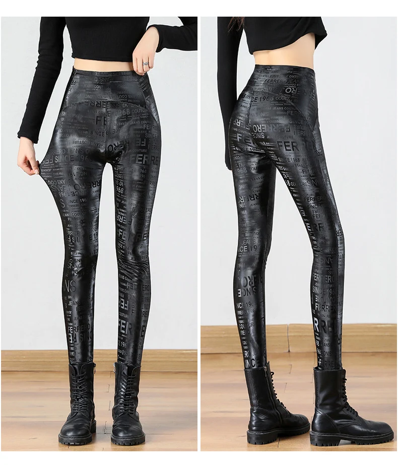 BIVIGAOS Letter Graffiti Leather Leggings Women Autumn Winter Slim Fleece Warm Leggings Gothic Motorcycle Leather Pencil Pants