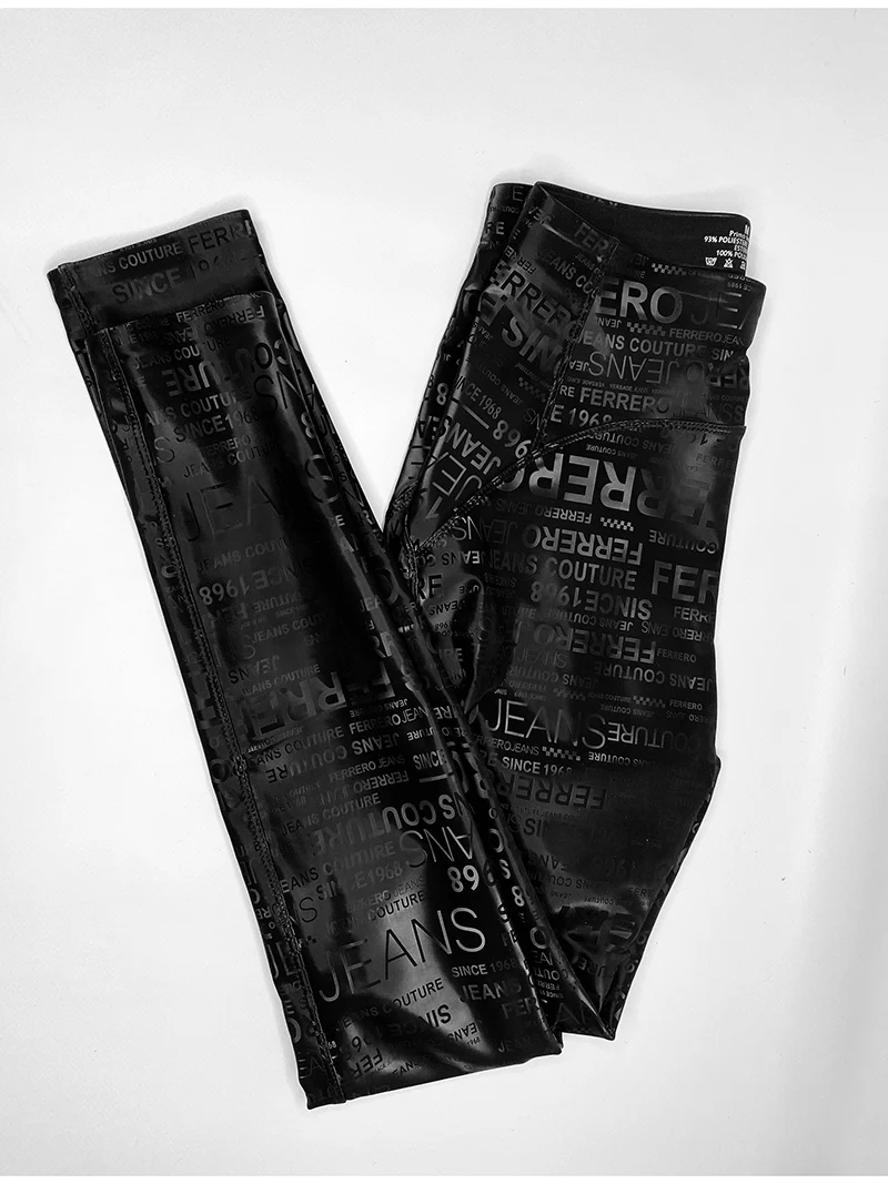 BIVIGAOS Letter Graffiti Leather Leggings Women Autumn Winter Slim Fleece Warm Leggings Gothic Motorcycle Leather Pencil Pants