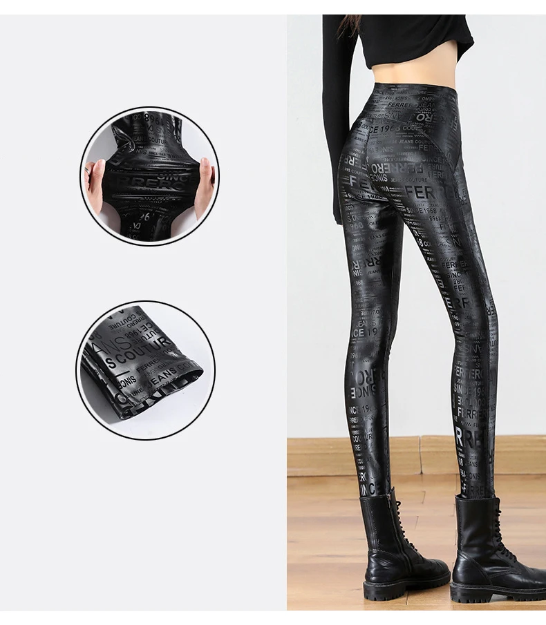 BIVIGAOS Letter Graffiti Leather Leggings Women Autumn Winter Slim Fleece Warm Leggings Gothic Motorcycle Leather Pencil Pants