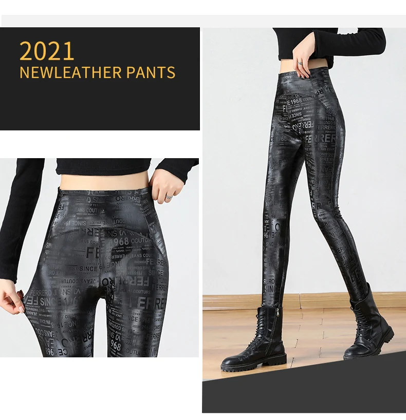 BIVIGAOS Letter Graffiti Leather Leggings Women Autumn Winter Slim Fleece Warm Leggings Gothic Motorcycle Leather Pencil Pants