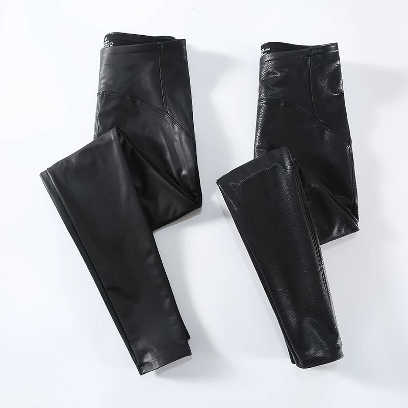 BIVIGAOS Letter Graffiti Leather Leggings Women Autumn Winter Slim Fleece Warm Leggings Gothic Motorcycle Leather Pencil Pants