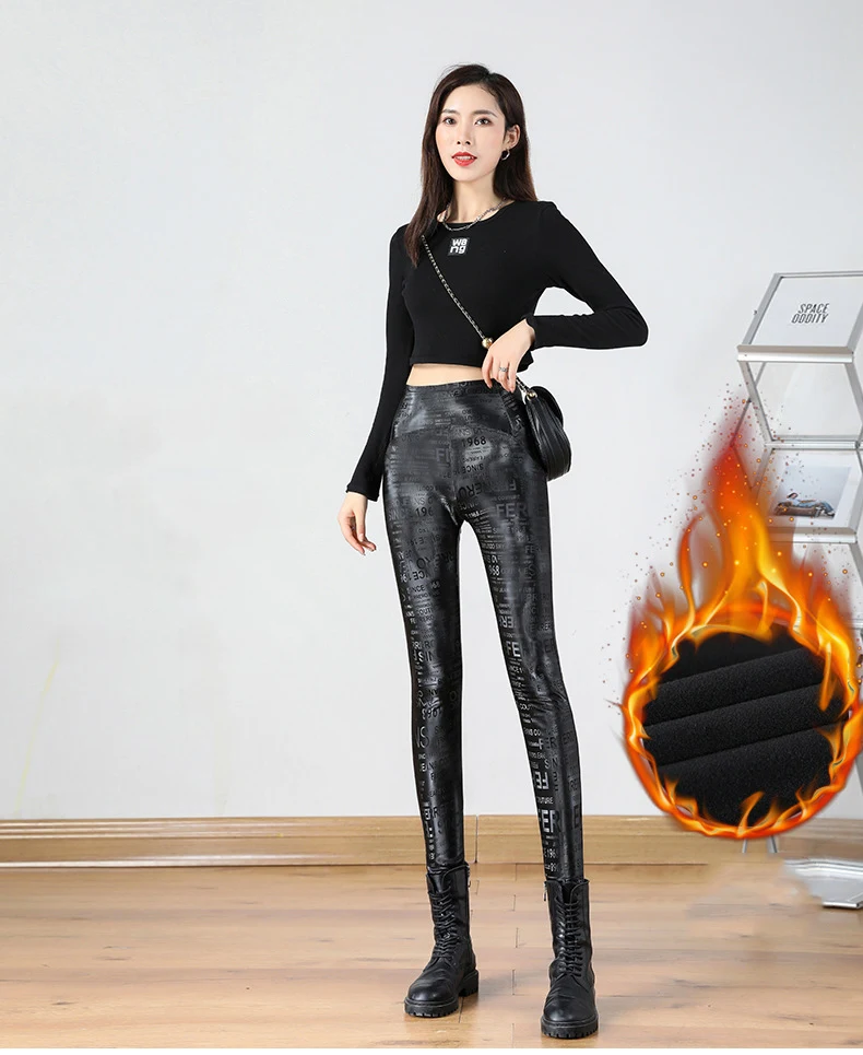 BIVIGAOS Letter Graffiti Leather Leggings Women Autumn Winter Slim Fleece Warm Leggings Gothic Motorcycle Leather Pencil Pants