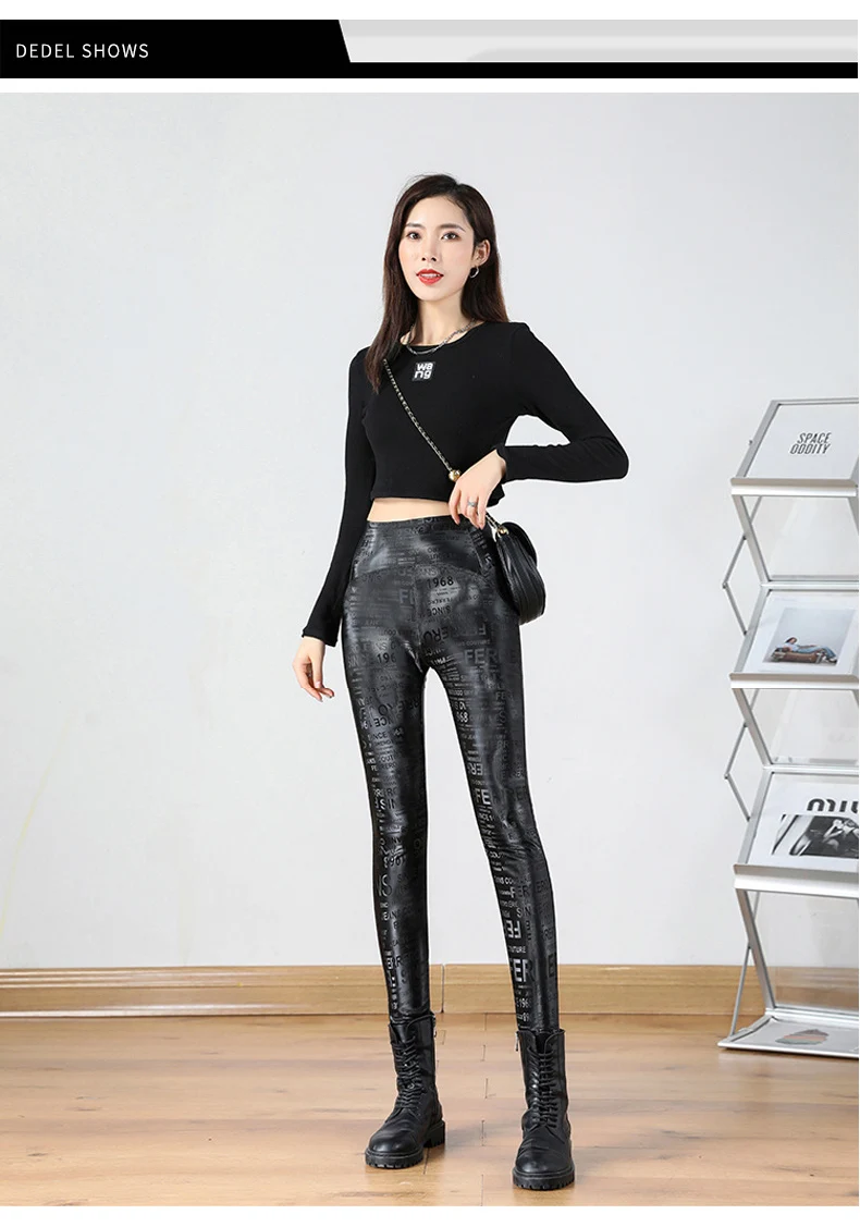 BIVIGAOS Letter Graffiti Leather Leggings Women Autumn Winter Slim Fleece Warm Leggings Gothic Motorcycle Leather Pencil Pants