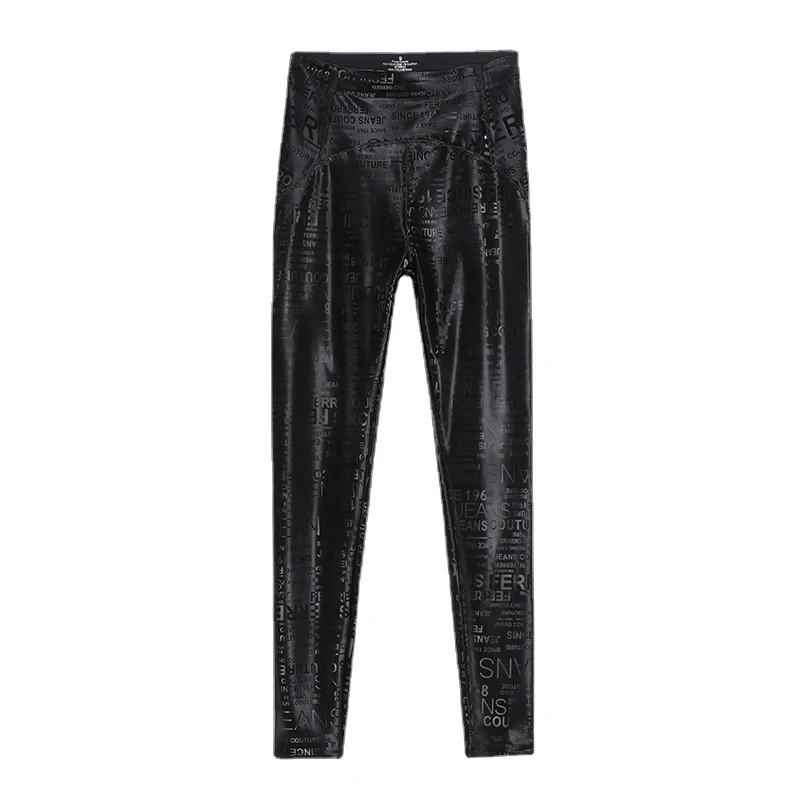 BIVIGAOS Letter Graffiti Leather Leggings Women Autumn Winter Slim Fleece Warm Leggings Gothic Motorcycle Leather Pencil Pants