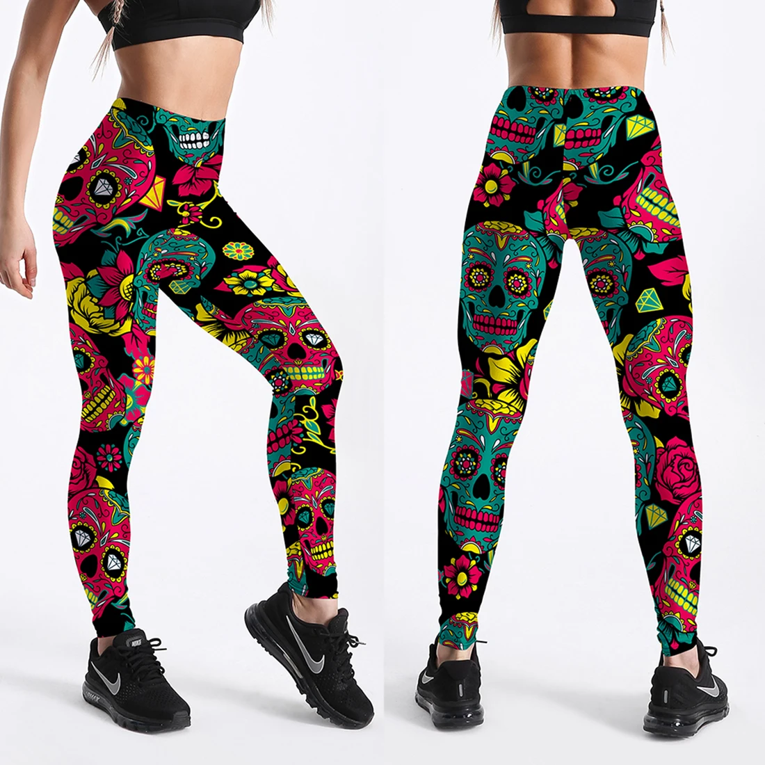 Qickitout 12% Spandex Fashion Cartoon Ice Cream God Horse Skull Digital Printed Legging Womens Star Stretch Pants