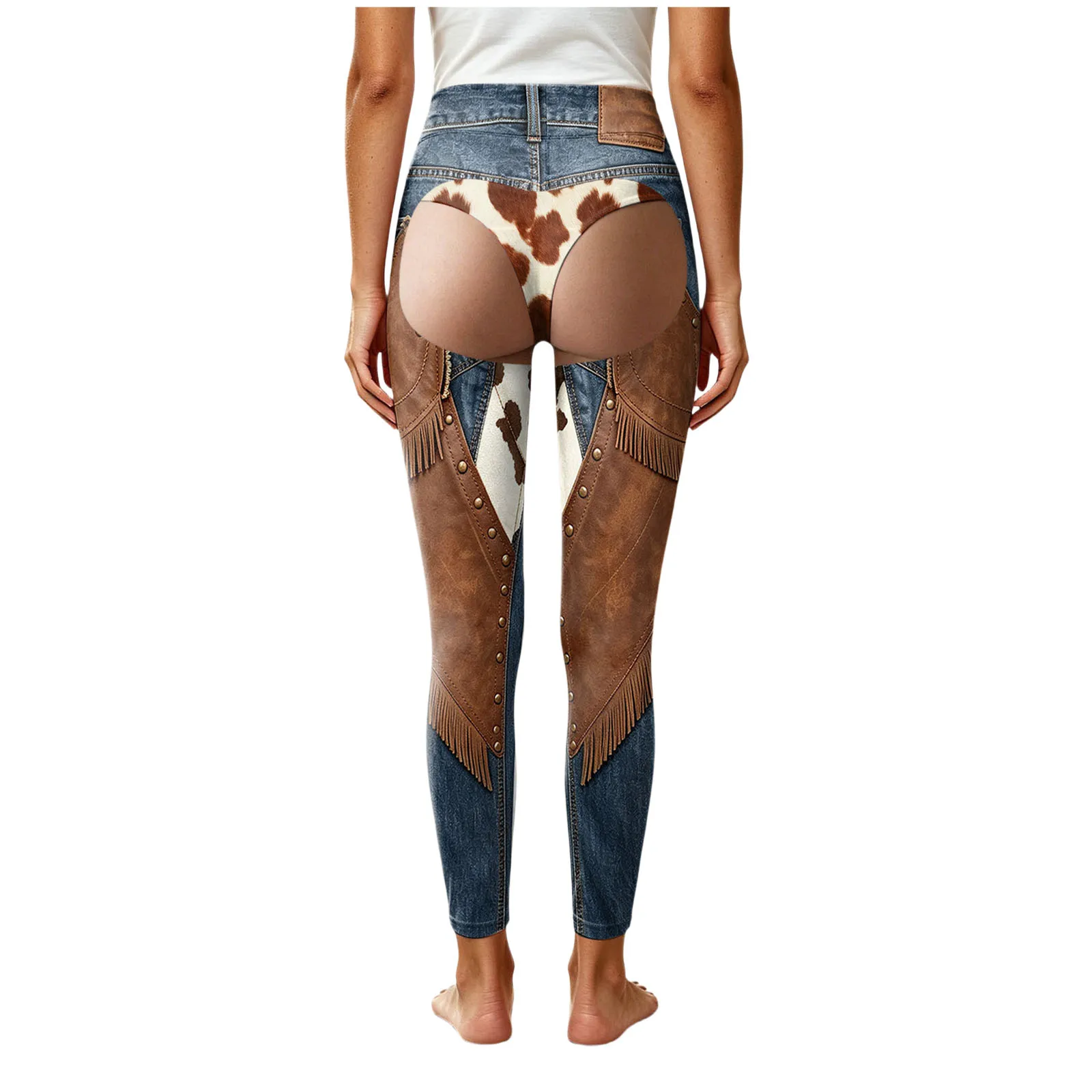 3D Print Cowboy Funny Women Leggings Fake Two-Piece Faux Denim-Like Long Pants Vintage High Waist Gym Workout Yoga Leggings