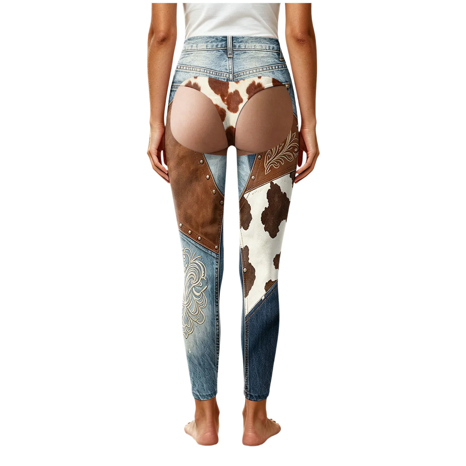 3D Print Cowboy Funny Women Leggings Fake Two-Piece Faux Denim-Like Long Pants Vintage High Waist Gym Workout Yoga Leggings