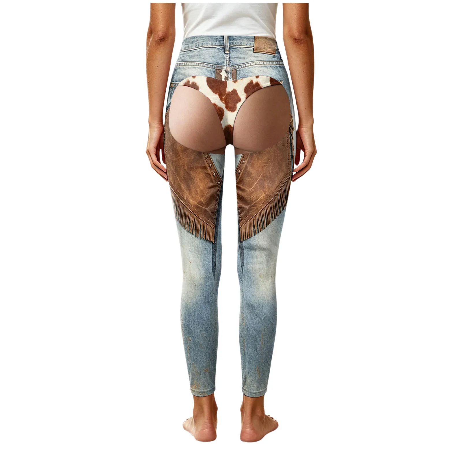 3D Print Cowboy Funny Women Leggings Fake Two-Piece Faux Denim-Like Long Pants Vintage High Waist Gym Workout Yoga Leggings