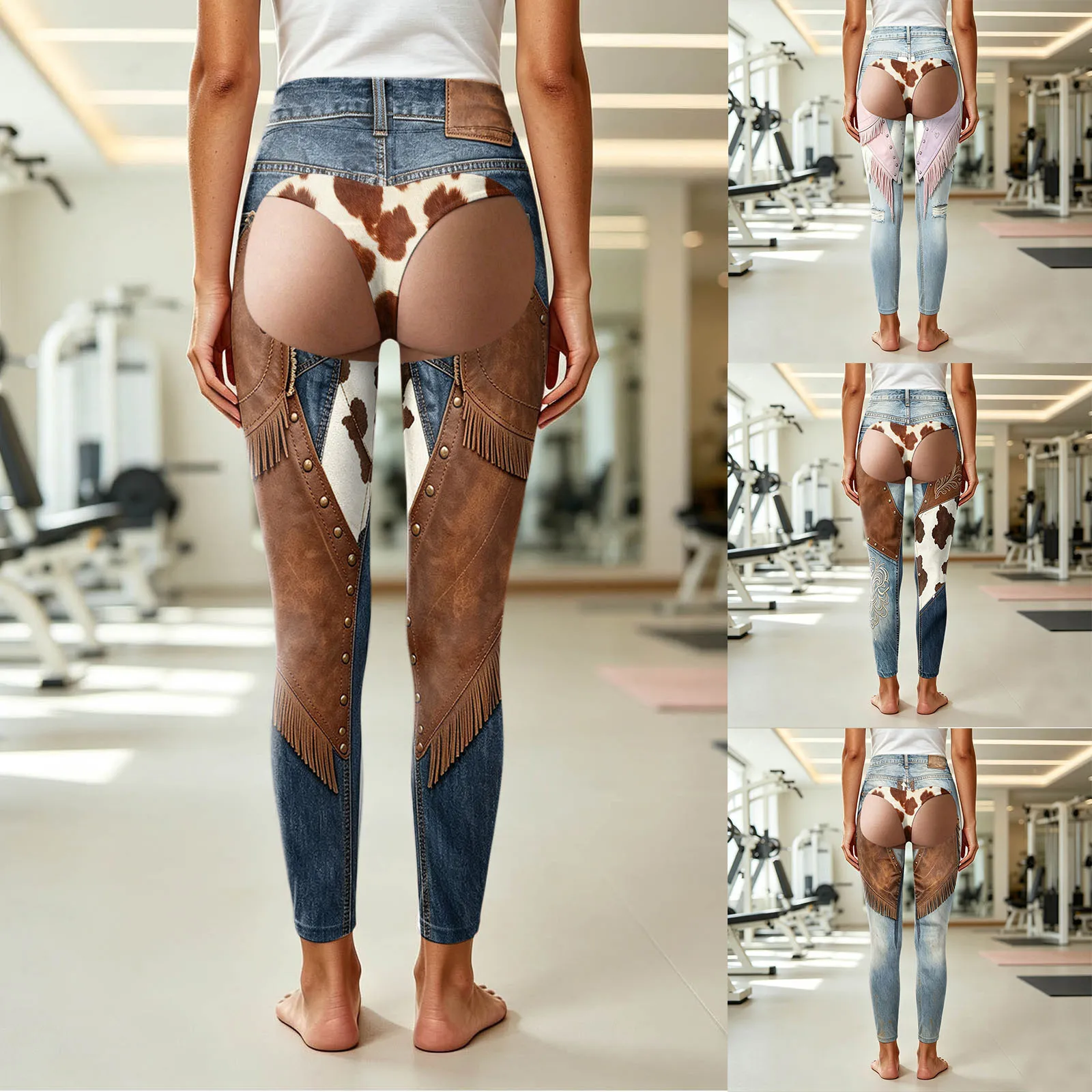 3D Print Cowboy Funny Women Leggings Fake Two-Piece Faux Denim-Like Long Pants Vintage High Waist Gym Workout Yoga Leggings