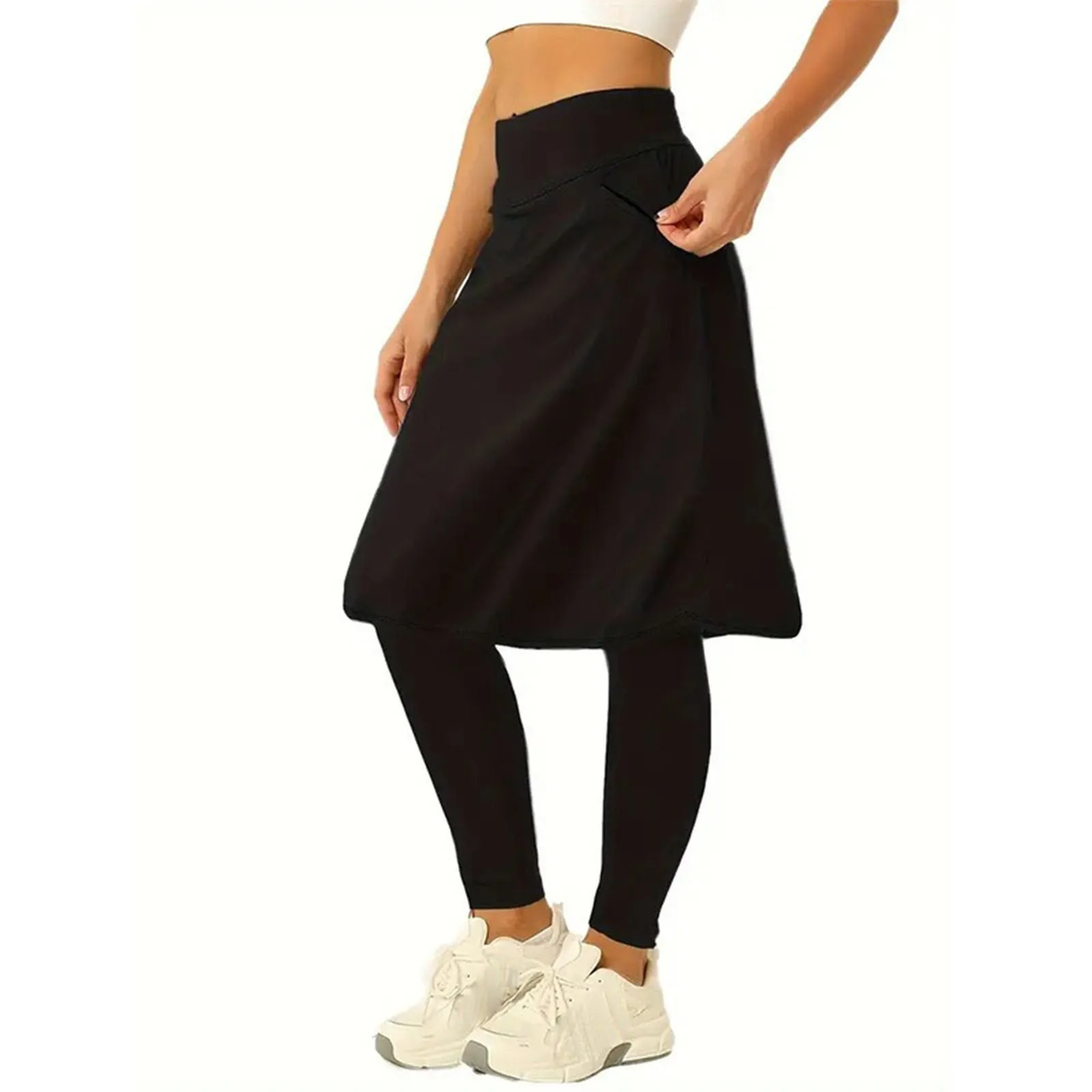 Fake Two-Piece Leggings Women's High Waist Double Layers Quick Drying Yoga Pants Sportwear Workout Gym Fitness Black Leggings
