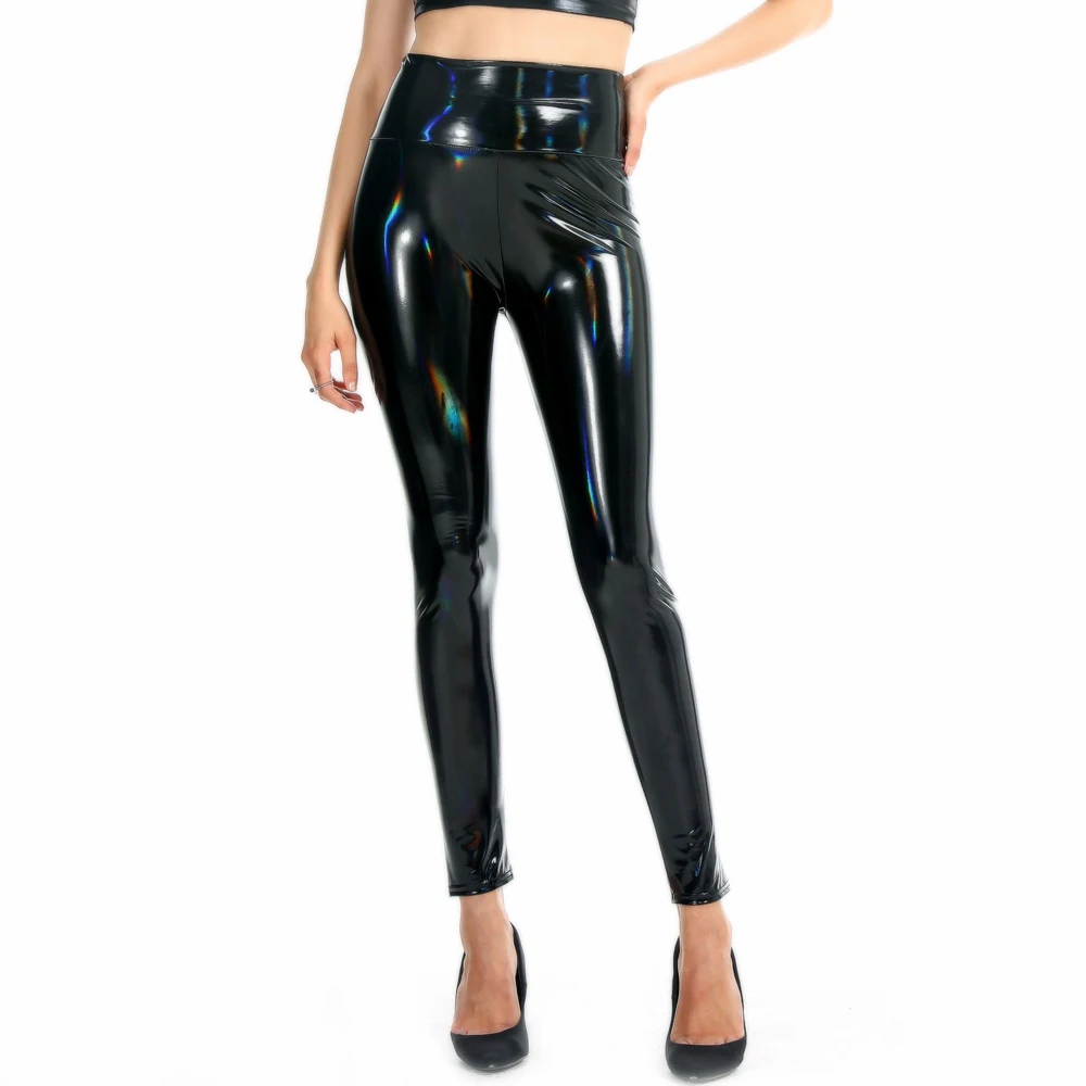 Women Sexy Black Wet Look PU Leather Leggings Slim Shiny High Waist Holographic Pants Ladies Skinny Leggings