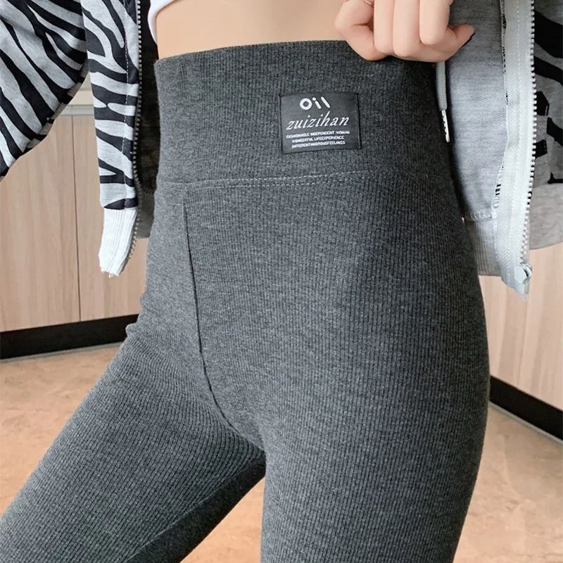 2025 Gray Ribbed Leggings for Woman High Waist Stretch Tight Winter Leggings Solid Color Comfortable Warm Slim Fit Leggings Lady