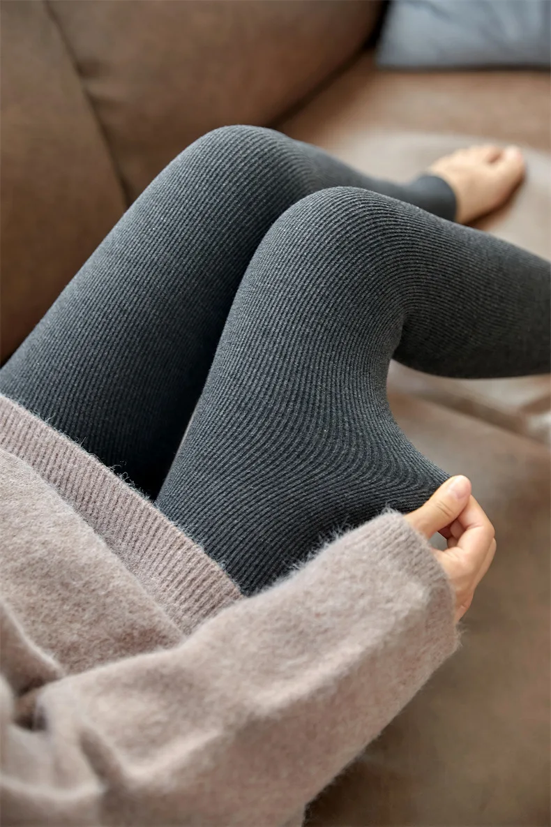 Women Leggings Autumn & Winter Pants Plus Velvet Thicken Pants High Waist Skinny Leggings Solid Vertical Striped Women Clothing
