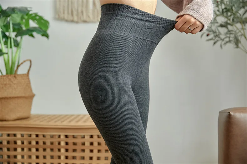 Women Leggings Autumn & Winter Pants Plus Velvet Thicken Pants High Waist Skinny Leggings Solid Vertical Striped Women Clothing