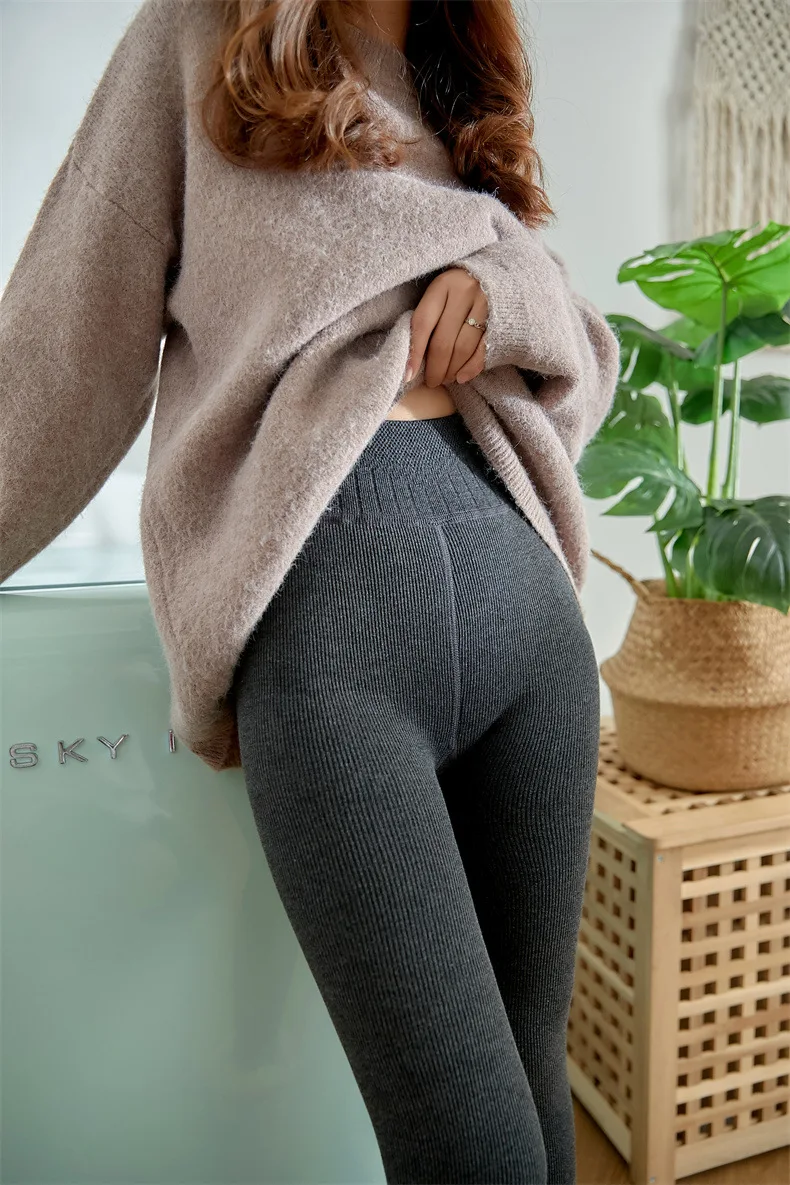 Women Leggings Autumn & Winter Pants Plus Velvet Thicken Pants High Waist Skinny Leggings Solid Vertical Striped Women Clothing