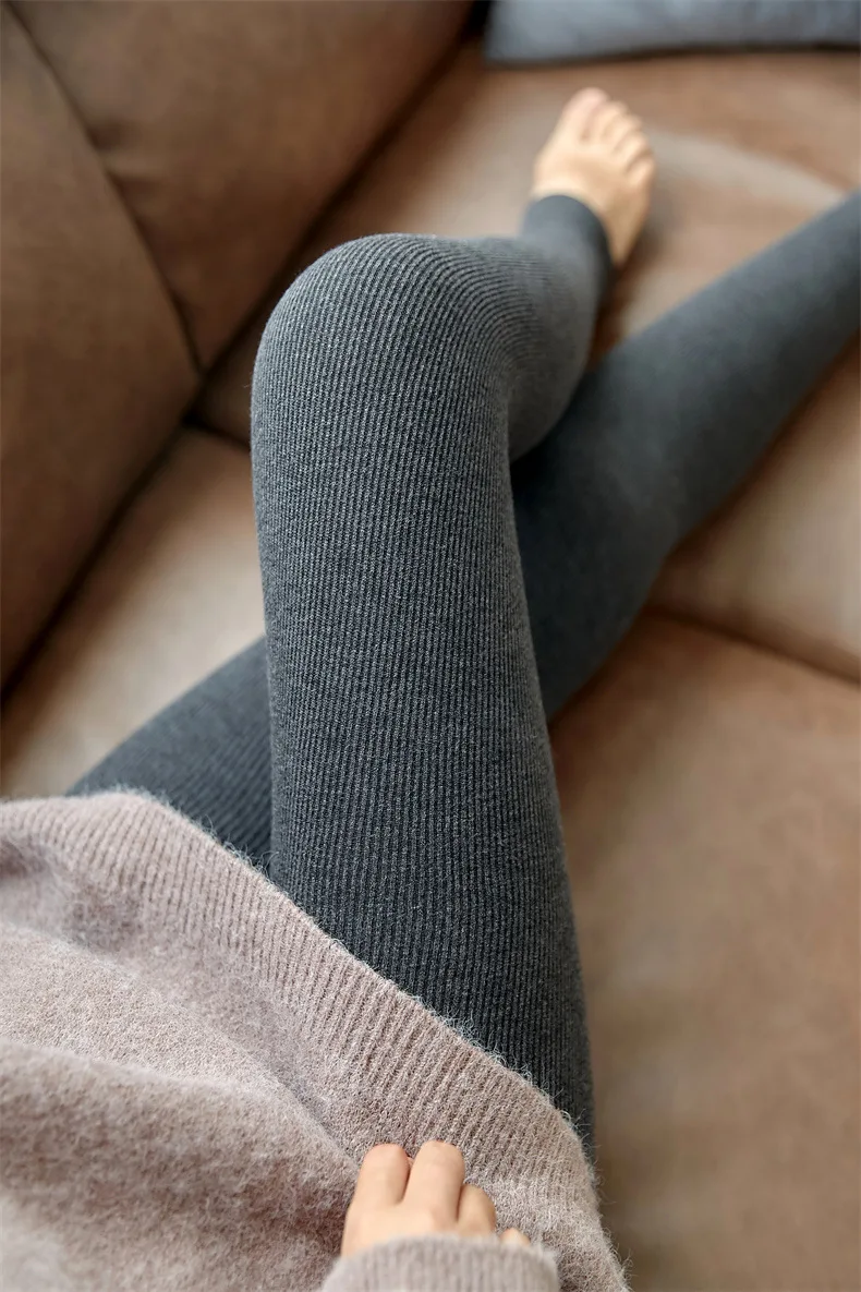 Women Leggings Autumn & Winter Pants Plus Velvet Thicken Pants High Waist Skinny Leggings Solid Vertical Striped Women Clothing