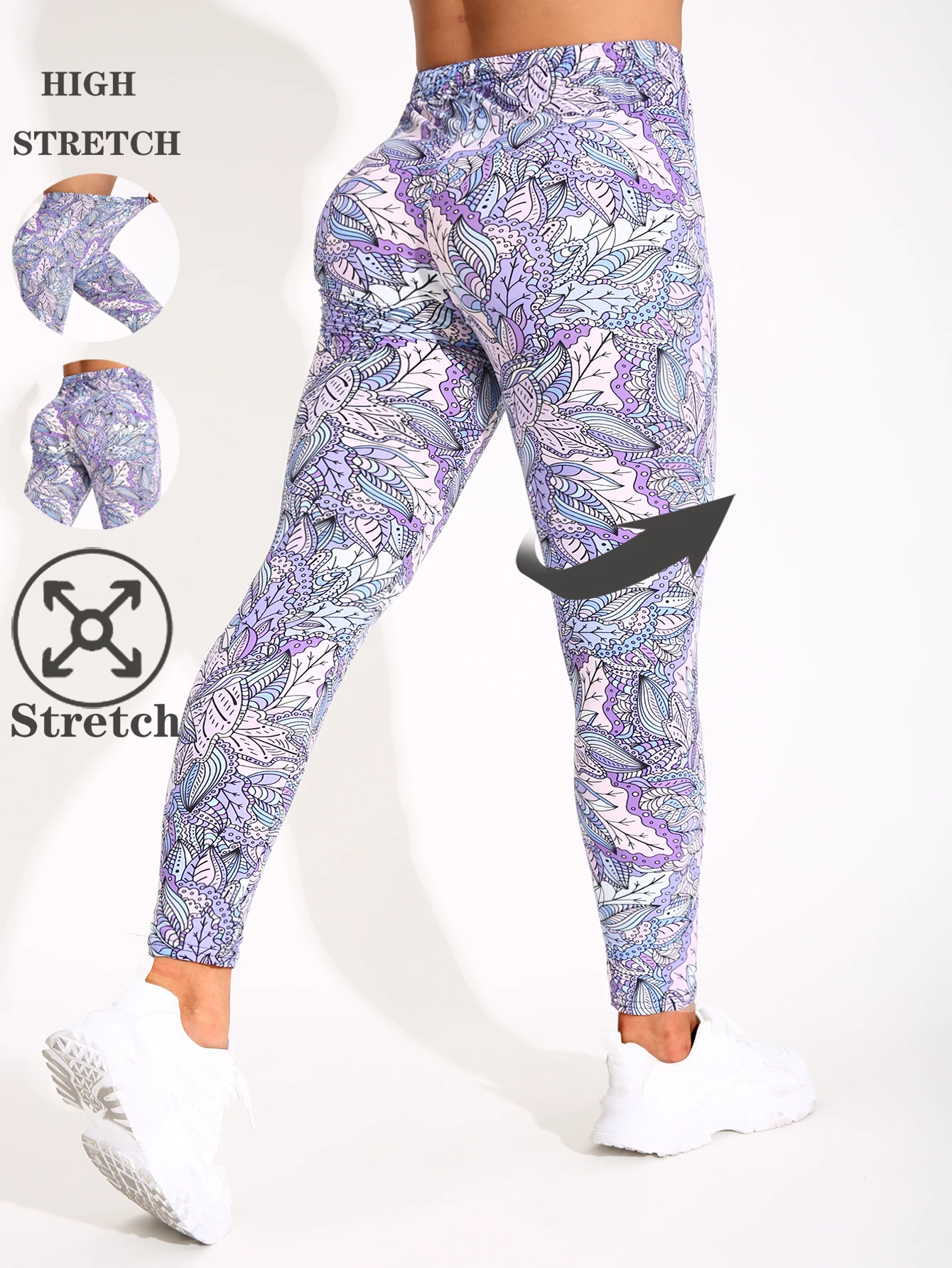 Purple Pink Leaf Printed Casual Tight Pants For Women High Elasticity Fitness And Yoga Pants Sexy Nine Point Pencil Pants