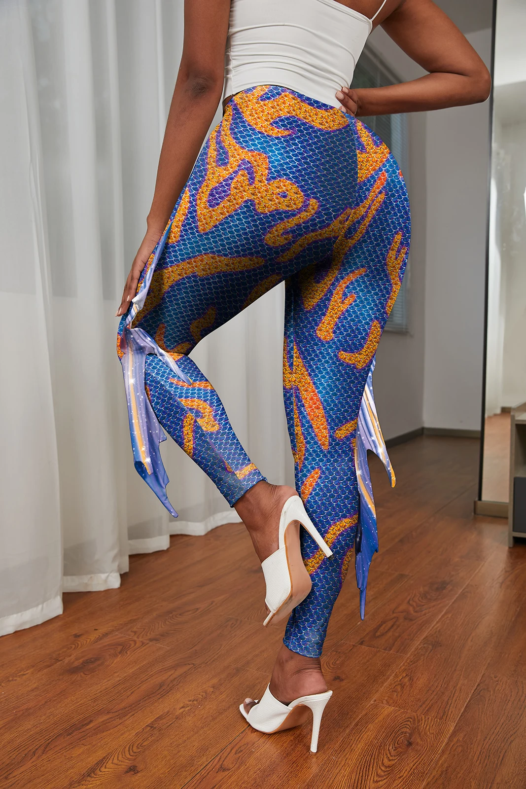 Nadanbao Colorful Mermaid Scale Print Fringe Leggings Women Fantasy Cosplay Pants Mid Waist Rave Party Tight Lady Fashion Bottom