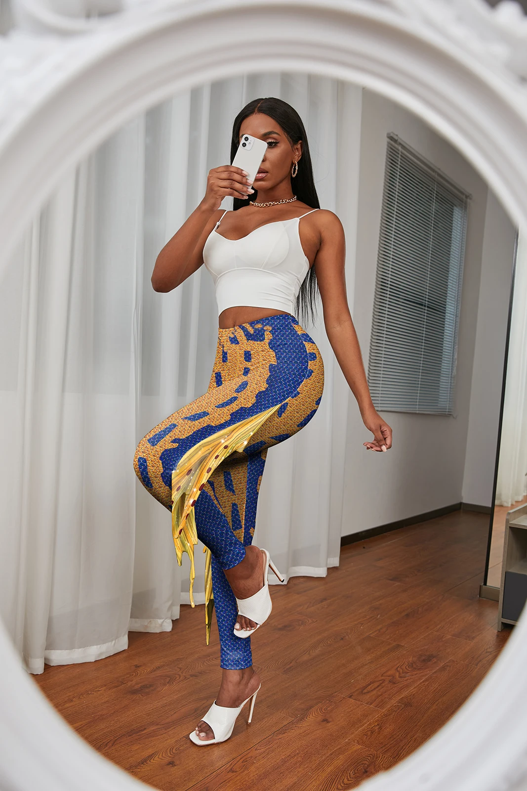 Nadanbao Colorful Mermaid Scale Print Fringe Leggings Women Fantasy Cosplay Pants Mid Waist Rave Party Tight Lady Fashion Bottom