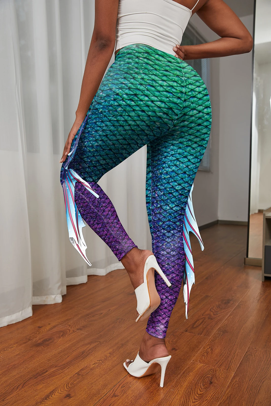 Nadanbao Colorful Mermaid Scale Print Fringe Leggings Women Fantasy Cosplay Pants Mid Waist Rave Party Tight Lady Fashion Bottom