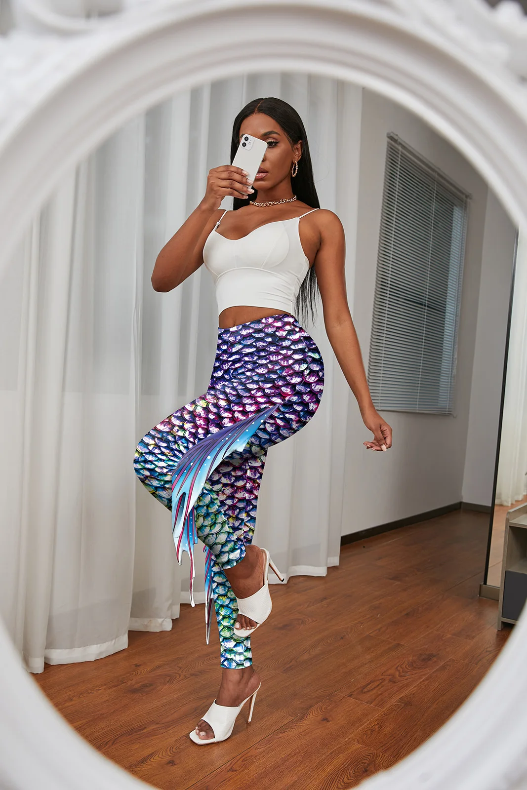 Nadanbao Colorful Mermaid Scale Print Fringe Leggings Women Fantasy Cosplay Pants Mid Waist Rave Party Tight Lady Fashion Bottom