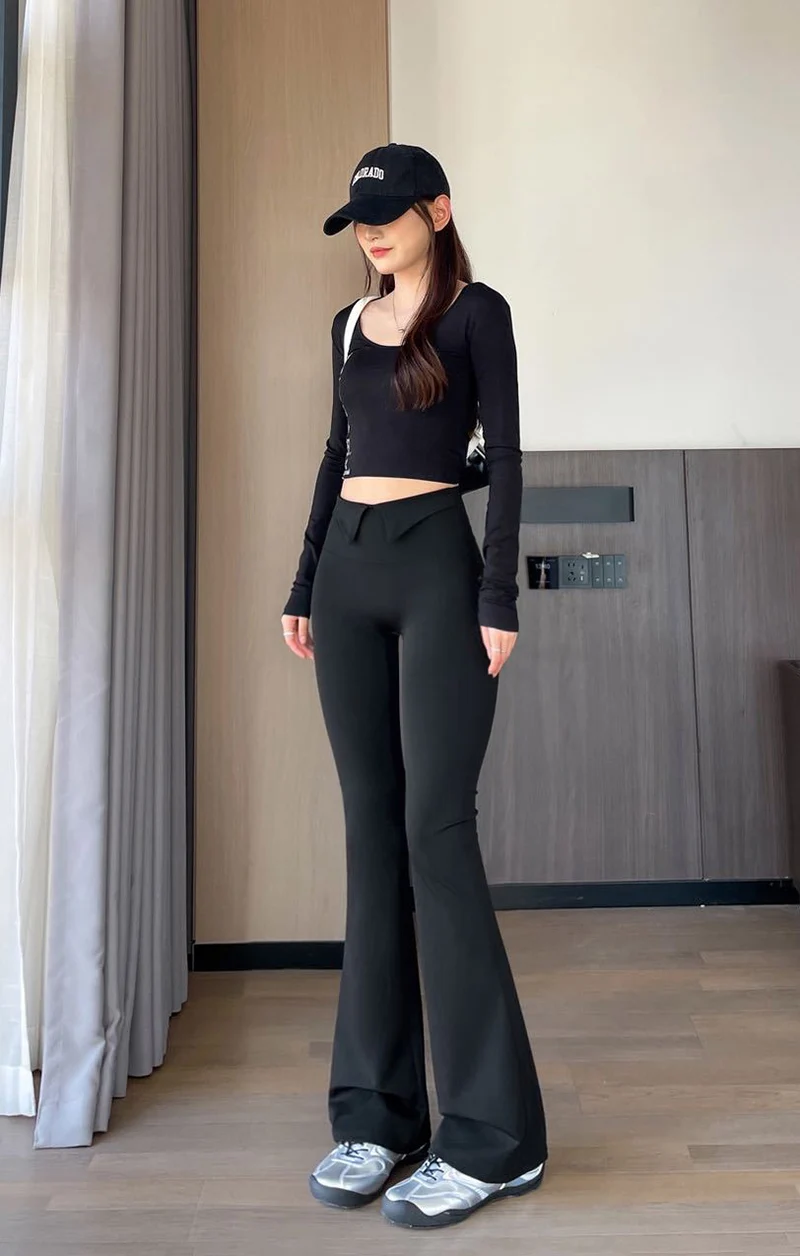 BIVIGAOS 2026 Spring Autumn New Waist Revers Collar Micro Flared Leggings Women's High Waist Casual Fashion Slim Trumpet Pants