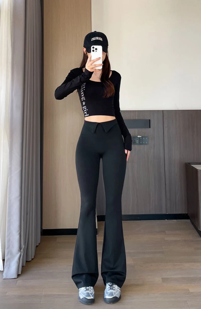 BIVIGAOS 2026 Spring Autumn New Waist Revers Collar Micro Flared Leggings Women's High Waist Casual Fashion Slim Trumpet Pants
