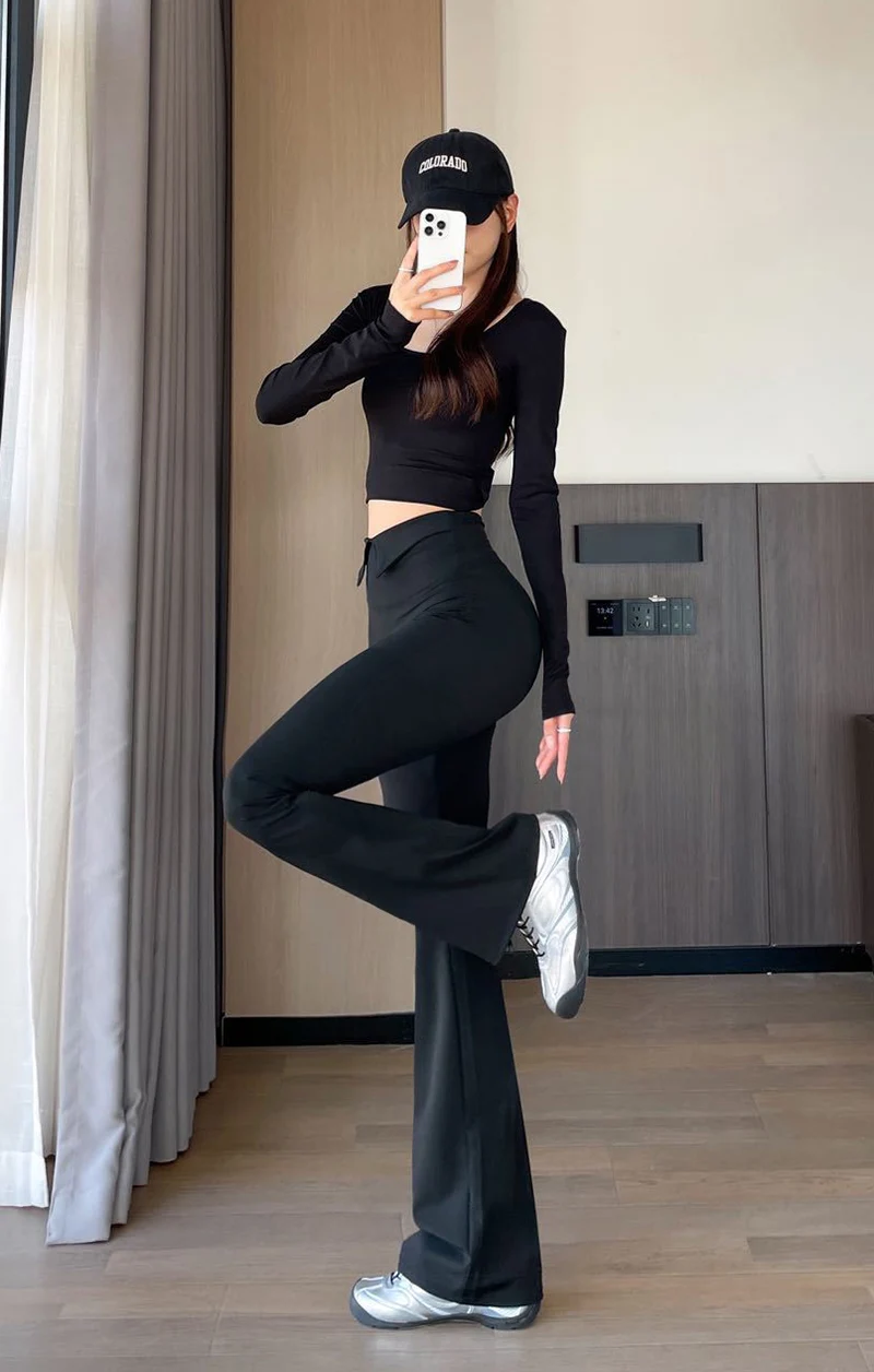 BIVIGAOS 2026 Spring Autumn New Waist Revers Collar Micro Flared Leggings Women's High Waist Casual Fashion Slim Trumpet Pants