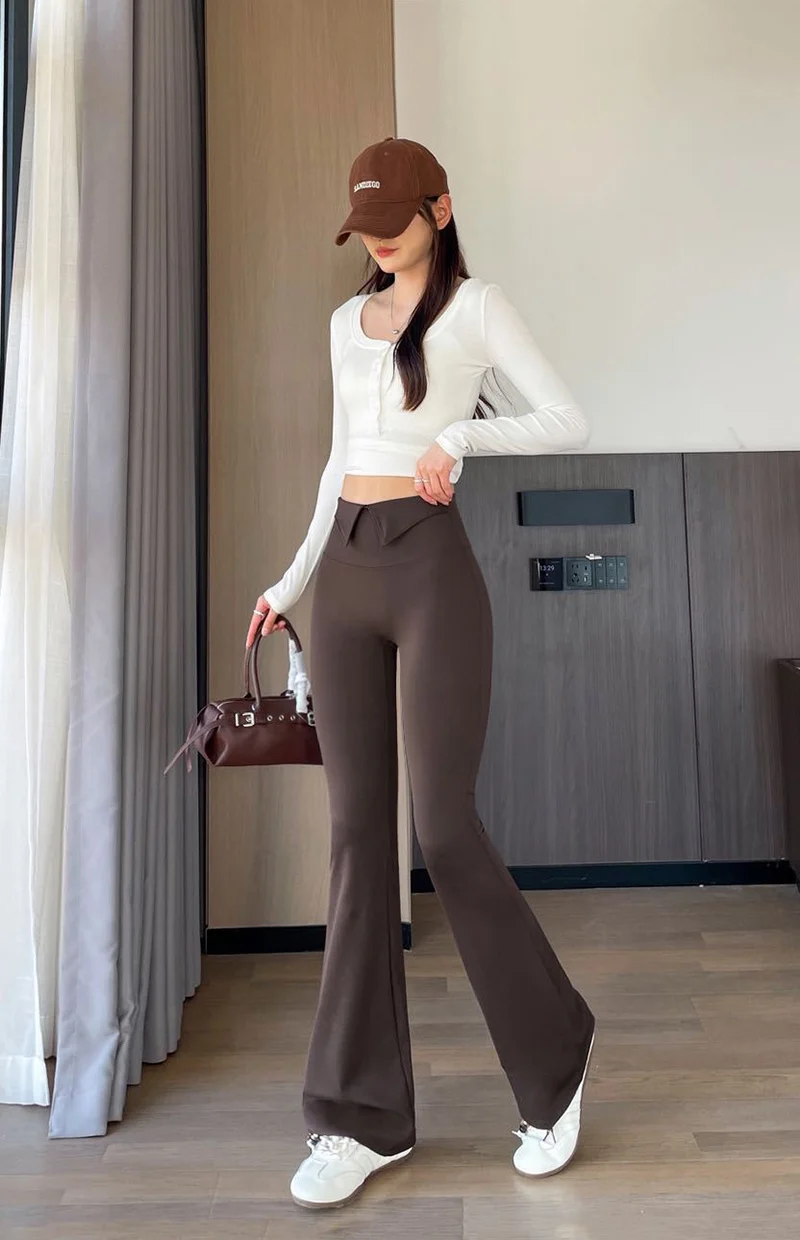 BIVIGAOS 2026 Spring Autumn New Waist Revers Collar Micro Flared Leggings Women's High Waist Casual Fashion Slim Trumpet Pants