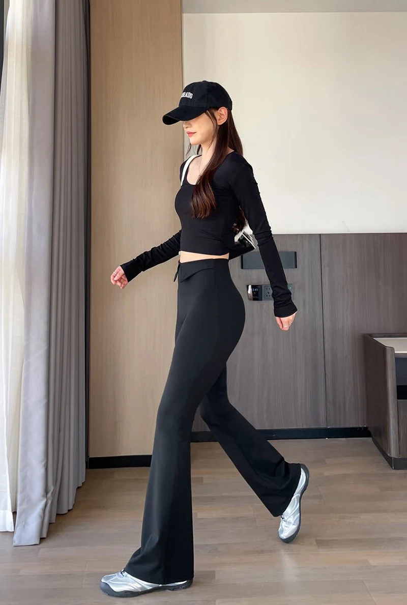BIVIGAOS 2026 Spring Autumn New Waist Revers Collar Micro Flared Leggings Women's High Waist Casual Fashion Slim Trumpet Pants