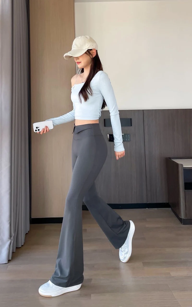 BIVIGAOS 2026 Spring Autumn New Waist Revers Collar Micro Flared Leggings Women's High Waist Casual Fashion Slim Trumpet Pants