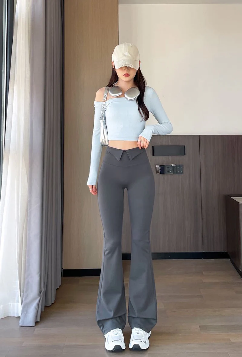BIVIGAOS 2026 Spring Autumn New Waist Revers Collar Micro Flared Leggings Women's High Waist Casual Fashion Slim Trumpet Pants