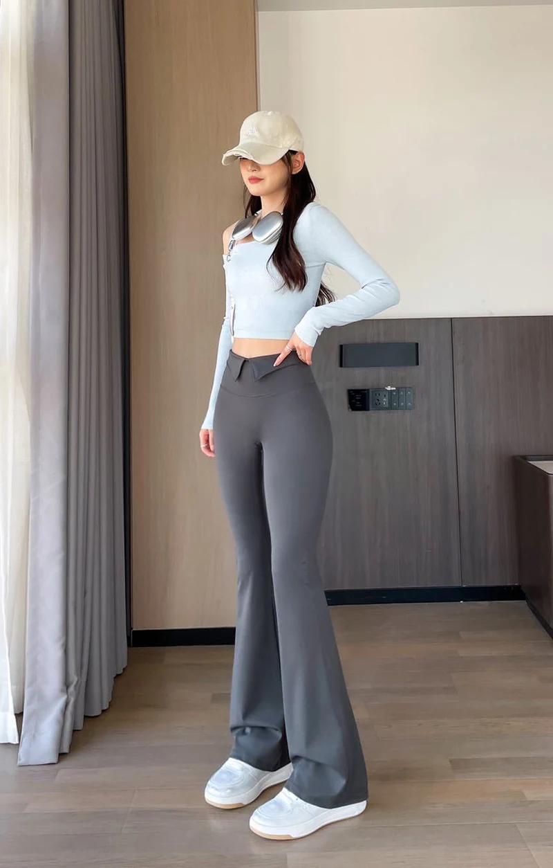 BIVIGAOS 2026 Spring Autumn New Waist Revers Collar Micro Flared Leggings Women's High Waist Casual Fashion Slim Trumpet Pants