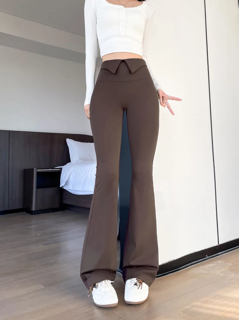 BIVIGAOS 2026 Spring Autumn New Waist Revers Collar Micro Flared Leggings Women's High Waist Casual Fashion Slim Trumpet Pants