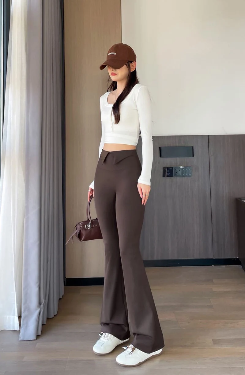 BIVIGAOS 2026 Spring Autumn New Waist Revers Collar Micro Flared Leggings Women's High Waist Casual Fashion Slim Trumpet Pants
