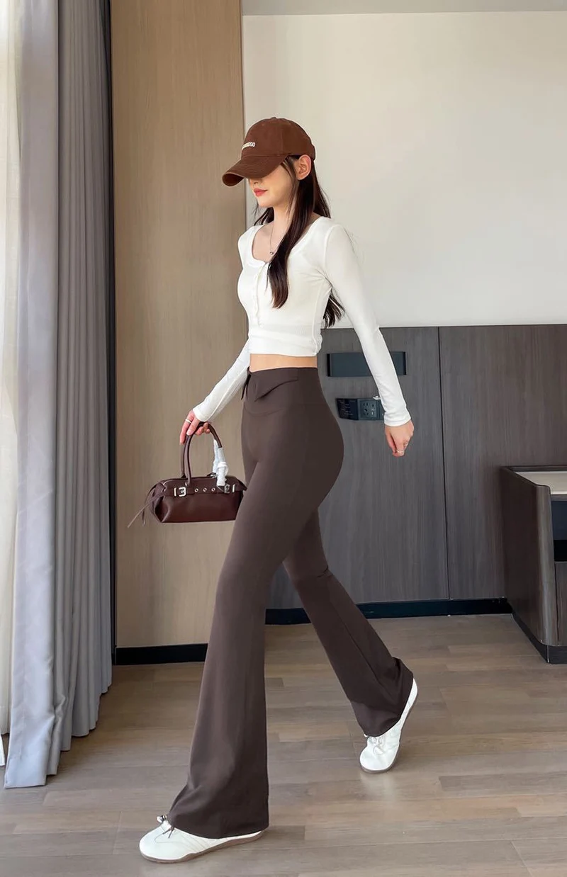 BIVIGAOS 2026 Spring Autumn New Waist Revers Collar Micro Flared Leggings Women's High Waist Casual Fashion Slim Trumpet Pants