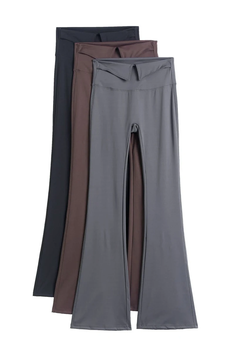 BIVIGAOS 2026 Spring Autumn New Waist Revers Collar Micro Flared Leggings Women's High Waist Casual Fashion Slim Trumpet Pants