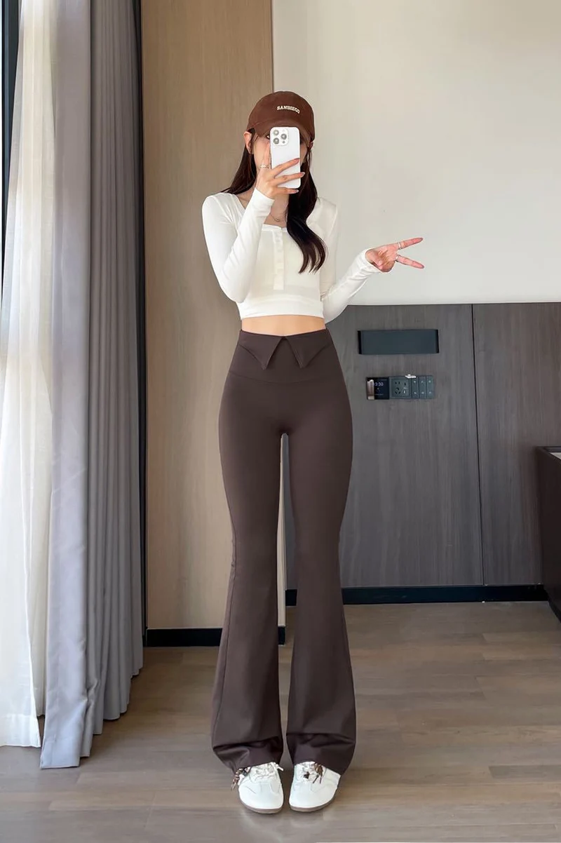 BIVIGAOS 2026 Spring Autumn New Waist Revers Collar Micro Flared Leggings Women's High Waist Casual Fashion Slim Trumpet Pants