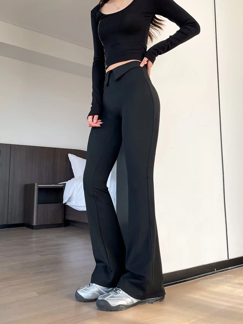 BIVIGAOS 2026 Spring Autumn New Waist Revers Collar Micro Flared Leggings Women's High Waist Casual Fashion Slim Trumpet Pants
