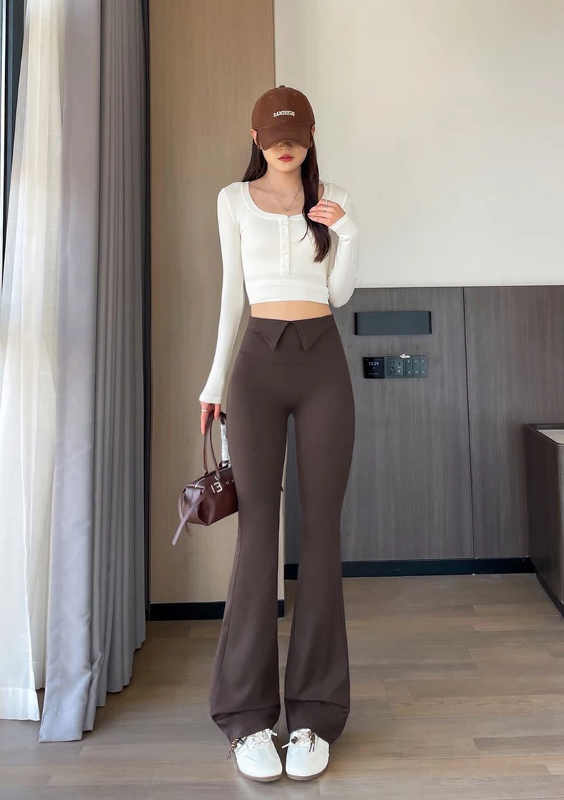 BIVIGAOS 2026 Spring Autumn New Waist Revers Collar Micro Flared Leggings Women's High Waist Casual Fashion Slim Trumpet Pants