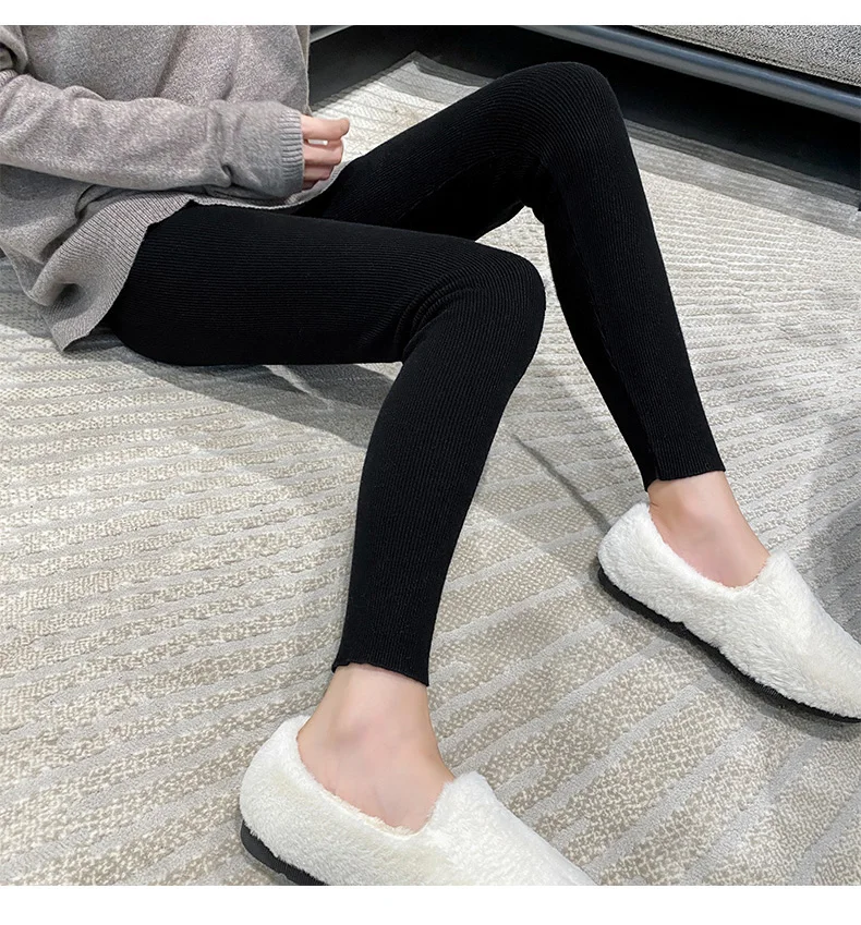 Autumn Winter Women Wool Thickening Leggings High Waist Ribbed Vertical Stripe Casual Knitted Leggings Warm Wear out Pantyhose