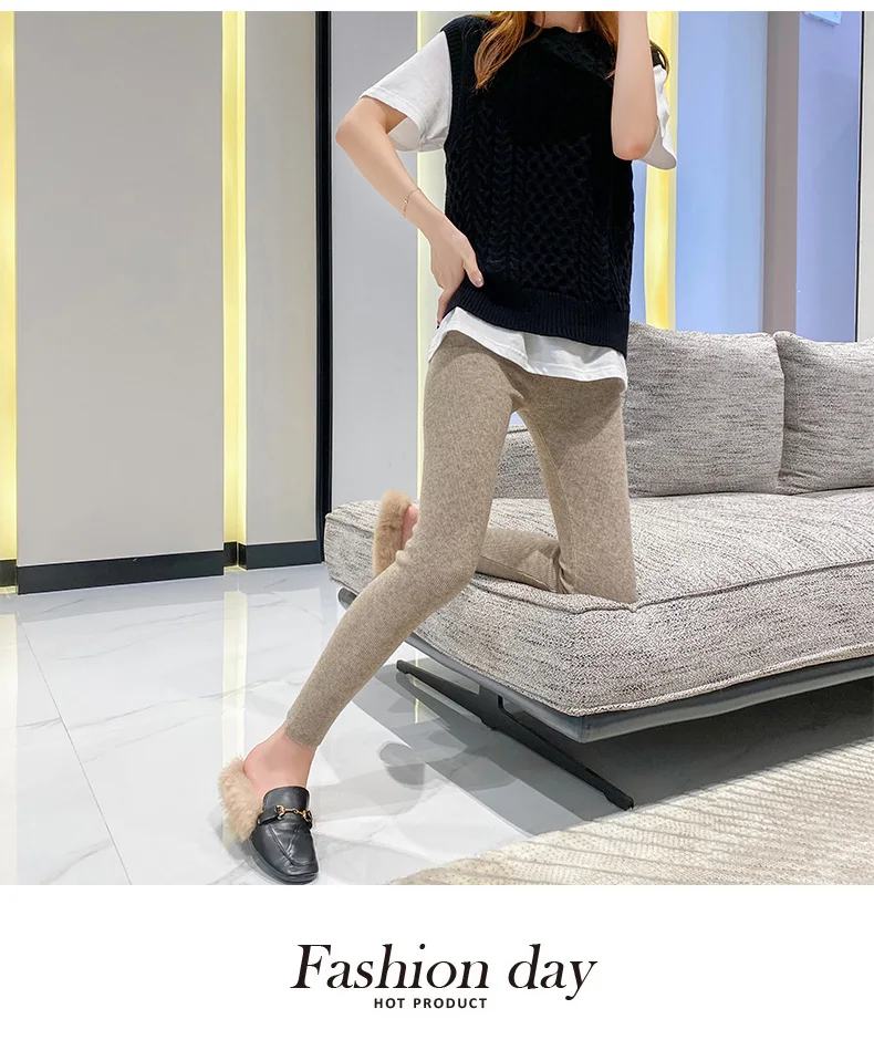 Autumn Winter Women Wool Thickening Leggings High Waist Ribbed Vertical Stripe Casual Knitted Leggings Warm Wear out Pantyhose
