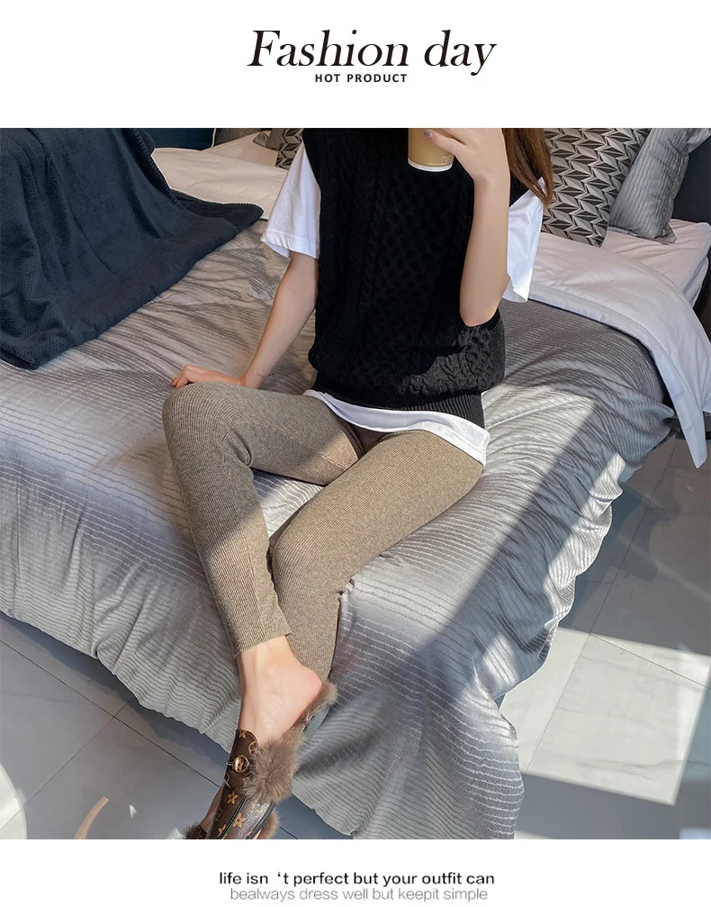 Autumn Winter Women Wool Thickening Leggings High Waist Ribbed Vertical Stripe Casual Knitted Leggings Warm Wear out Pantyhose